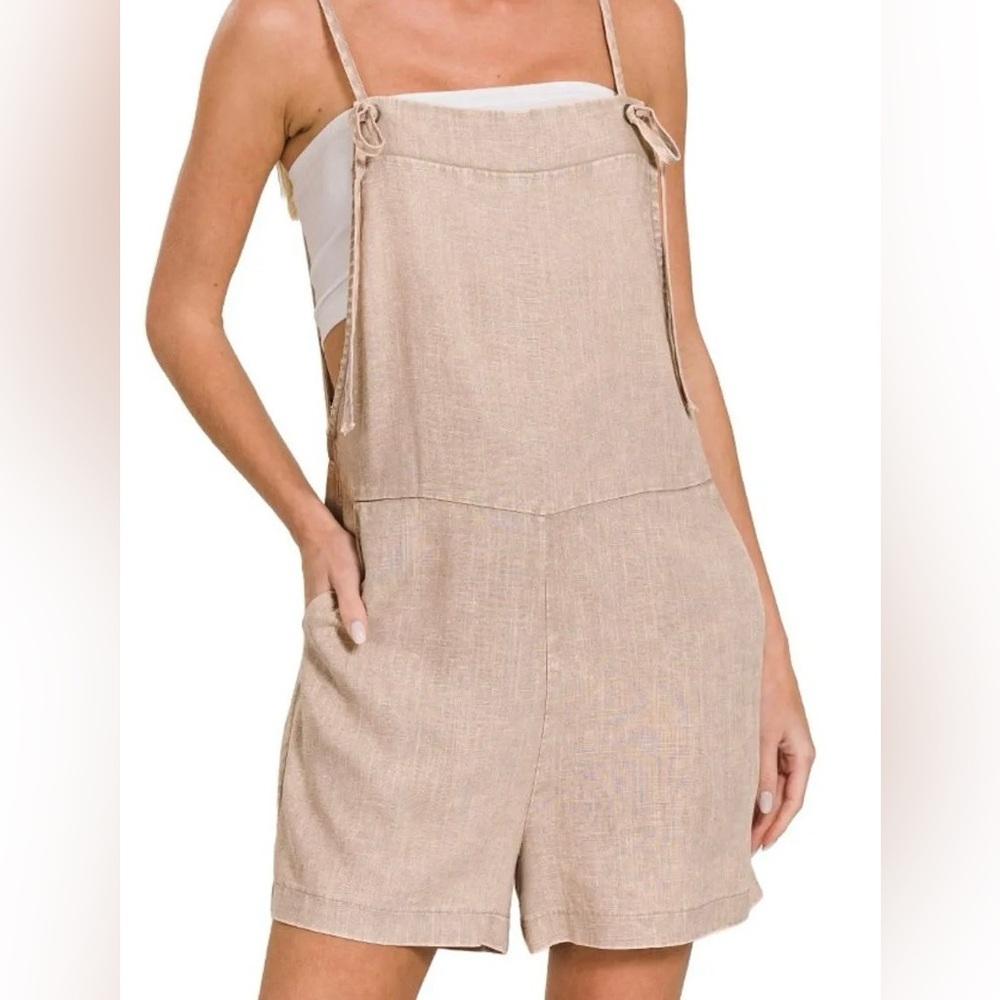 Zenana Ash Mocha Washed Linen Knot Strap Rompers - NWT - Pockets - Picture 3 of 11